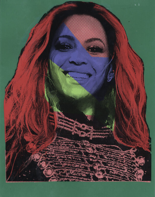 An acetate image of singer Beyonce placed over paper so that her hair appears red, her forehead and the gilding on her jacket appear pink with small white polka dots, and the remainder of her face is blocked in with purple and lime green shapes.