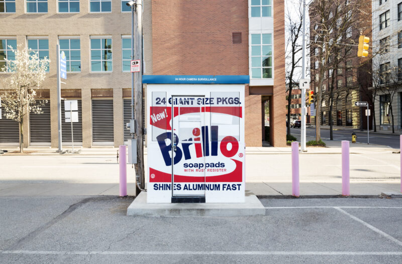 Parking attendant kiosk painted to resemble the Warhol piece Brillo Box (Soap Pads).