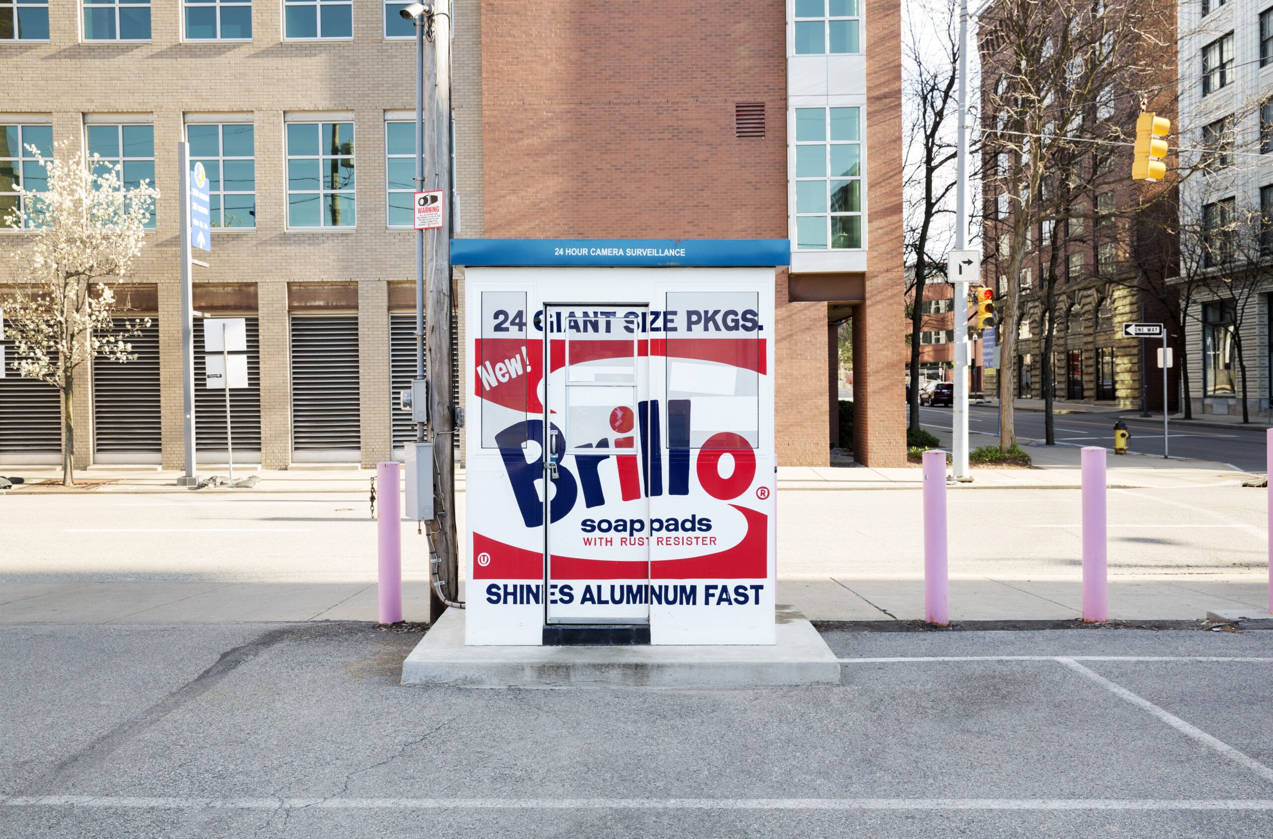 Parking attendent kiosk painted to resemble the Warhol piece Brillo Box (Soap Pads).