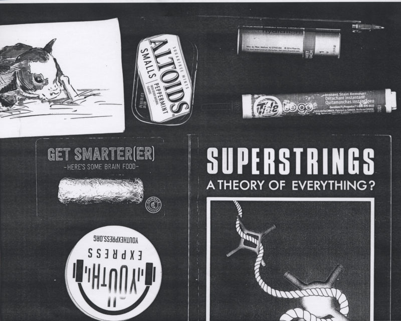 A black and white image featuring an altoid mints container, a chipotle giftcard, a tide to go stick, a book, a sketch of a bat, chapstick, and a pen.