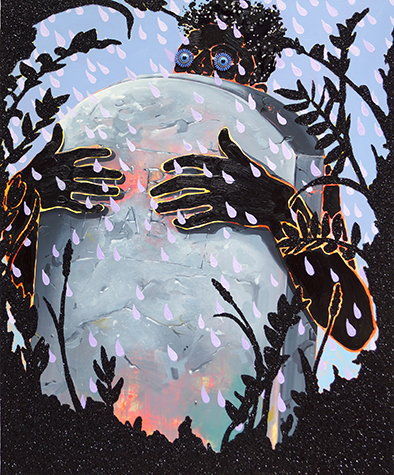 Painting of a silhouetted self-portrait of the artist amongst heavily glittered fauna. His eyes are marked by two jewels that protrude from the surface of the canvas. The figure clutches a tombstone engraved with the words “Cry Baby” as heavy drops of water, symbolizing tears, fall around him.