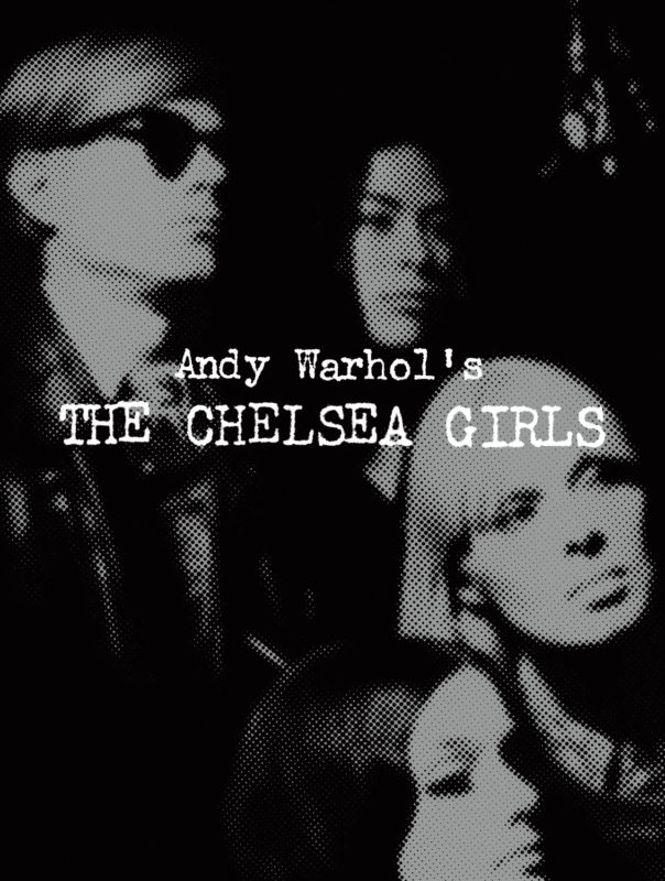 The cover of Andy Warhol's The Chelsea Girls book. The cover has a black and white image of Andy Warhol in dark sunglasses. To his left is a woman with dark hair. In front of him is a woman with dark hair and a blonde haired woman. They are all looking off to the right. Andy Warhol's Chelsea Girls is printed overtop of the photo.