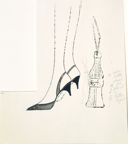 A work on paper by Andy Warhol of legs from the knee down in black, high-heel shoes with a cola bottle behind them done in black paint.