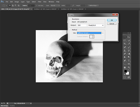 This is an image of a computer screen showing a black and white photograph of a human skull sitting on a table. The skull casts a dark shadow against the wall. The digital photo editing software Adobe Photoshop is open and the bitmapping and resolution box appears for editing