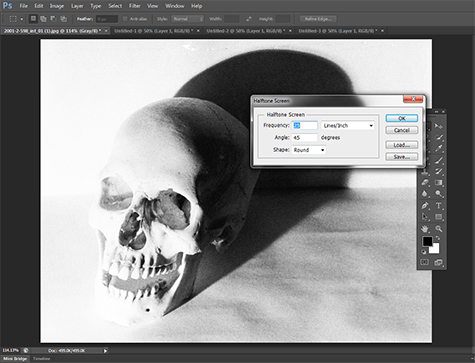 This is an image of a computer screen showing a black and white photograph of a human skull sitting on a table. The skull casts a dark shadow against the wall. The digital photo editing software Adobe Photoshop is open and the halftone screen box appears for editing.