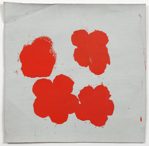 This is an image of one of Warhol's Flowers paintings. It depicts an underpainted layer of four red flowers on a white background on unstretched linen canvas.