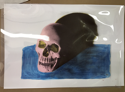 This image shows a film positive with an image of a human of the skull in black on top of an underpainted tracing of the same skull. The skull is painted pink, the shadow is yellow, and the ground is blue.
