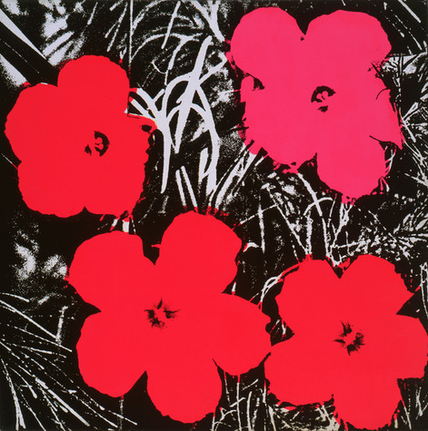 This artwork is a silkscreen print on canvas. It depicts an image of four flowers (one pink [aurora pink], and three red [rocket red]) with black screen print overlay. The pink flower is located at upper left, and three red flowers are positioned at upper right, lower right and left. The black silkscreened overlay creates the impression of stems and leaves in the background.