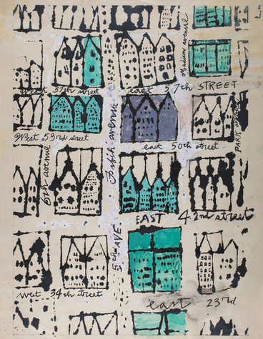 In this bird’s-eye view drawing of city blocks, Warhol fancifully represents houses with pointed roofs and roads labeled with cursive script.