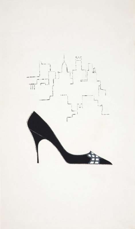 A drawing of a black high-heeled shoe on a piece of white paper. Above the shoe and in the background is a line drawing of an abstracted city skyline.