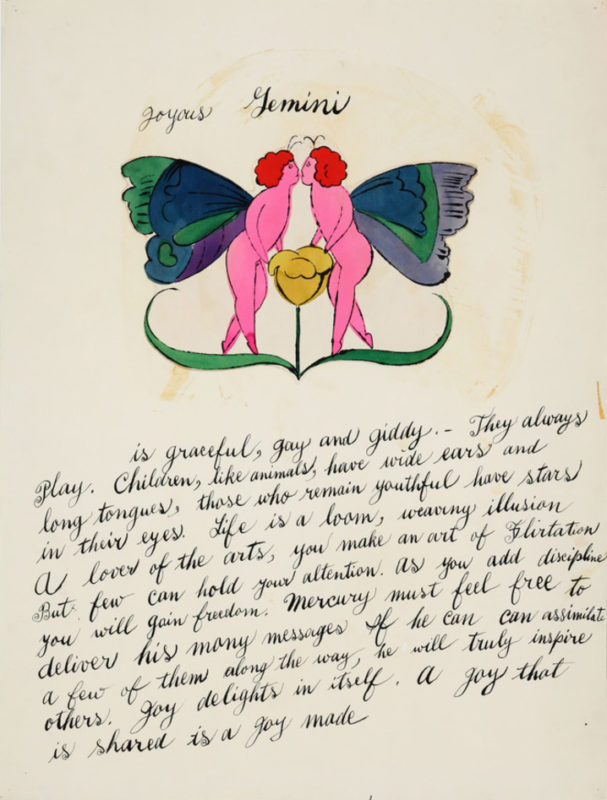 In the top half of this playful image, two pink figures with curly fire-engine red hair and colorful wings—the “Joyous Gemini” labeled in cursive at the top of the page—lean over a yellow bud as if kissing. In the bottom half of the page, the same cursive script is used to detail a long-winded and whimsical description of someone who identifies with the astrological sign.