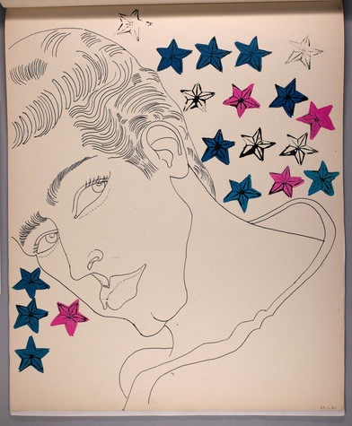 This sketchbook line drawing features the head and neck of a feminine man with long eyelashes, full lips, and wavy hair. In the background are repeated, stamped stars painted dark blue, hot pink, or left the white of the paper.