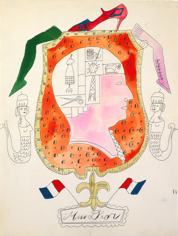 In this ballpoint and watercolor drawing, an emblem lined with a tailor’s measuring tape features a profile facing to the right. Mermaid-like figures and stockinged legs flank the emblem, and at the bottom of the drawing, adorned with a fleur-de-lis and two French flags, is the inscription “Miss Dior.”