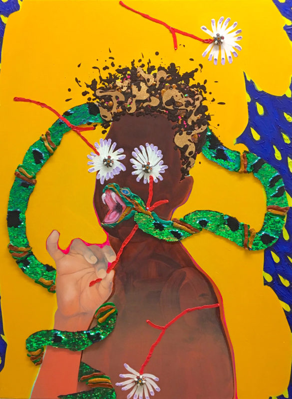 A mixed media artwork of a man with a spotted, green snake wrapped around his arm and around the back of his head. There are white flowers over the man's eyes. The snake is in front of the man's mouth with his mouth open, exposing his fangs. The background is mostly yellow, with some blue in some areas. There are yellow drops within the blue areas.