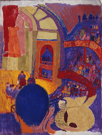 Colorful painting of a music hall with a quartet on stage, and people filling the balconies. The back of a man's head, colored blue, is visible at the lower left.
