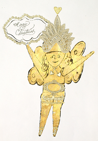 An image of a winged fairy holding a sign that reads Merry Christmas. The fairy is outlined in black ink using Warhol's blotted line technique and is filled in with gold-leafing. The fairy also has a gold embossed applique on its headdress and belt.