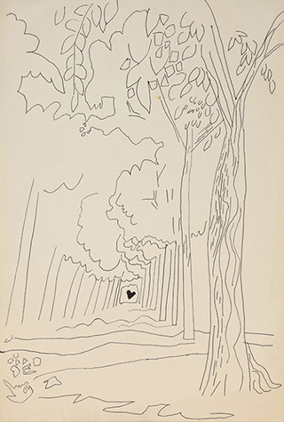 A drawing on paper in black ink of a landscape with a path and trees on either side. At the end of the path is a small heart.