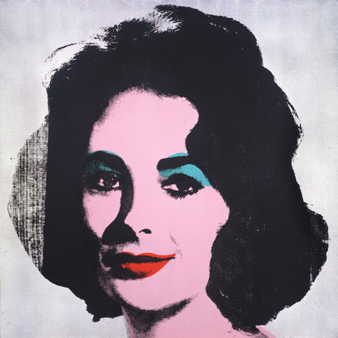 This is a photographic silkscreen print of actress Elizabeth Taylor in black ink on a silver background. Her face has been underpainted, so her skin appears to be a pinkish/purple while her eyeshadow appears turquoise and her lips are an orange-red. The black ink on the left-hand side is faint and seems faded.