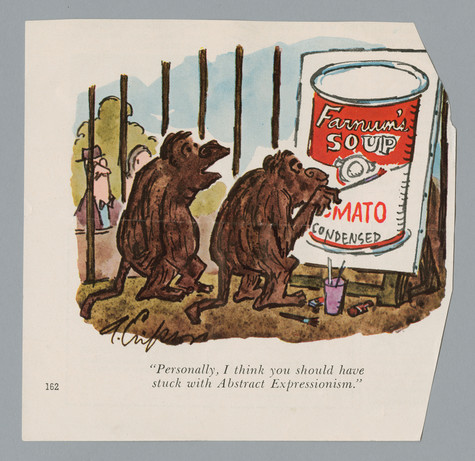 A cartoon showing two monkeys. One is painting a soup can on an easel, and the other is standing behind the first, speaking. The caption reads “Personally, I think you should have stuck with Abstract Expressionism.”