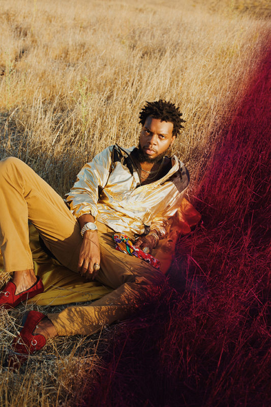A man wearing yellow pants, red shoes and a gold jacket sits in a field.