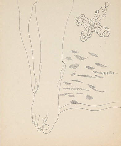 Pen drawing of a right foot with an ornate cross in the upper right corner.