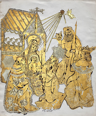 Gold leaf collage of a Nativity scene with Mary and baby Jesus in the center.