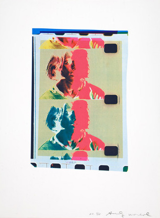 A screenprint on white paper that looks like a negative strip from a film showing a woman in various different colors.