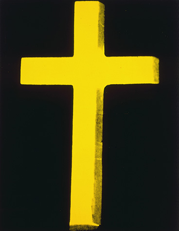 Screen print of a large yellow cross on a black background.