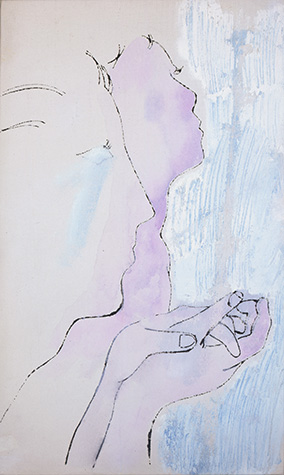 Pastel purple and blue painting with hands clasped in the foreground and two male heads in profile looking to the right.