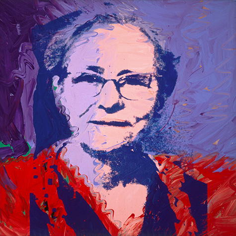 Screen print of a woman wearing glasses and a red shirt with pink skin and a purple background.