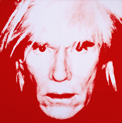 Screen print of a man’s face with messy blonde hair in white on a red background.