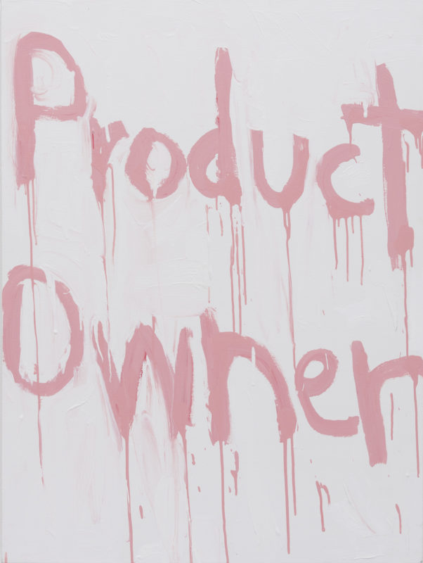 A painting of the words Product Owner in pink paint on a white canvas.