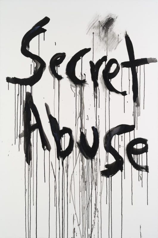A painting of the words Secret Abuse in black paint on a white canvas.