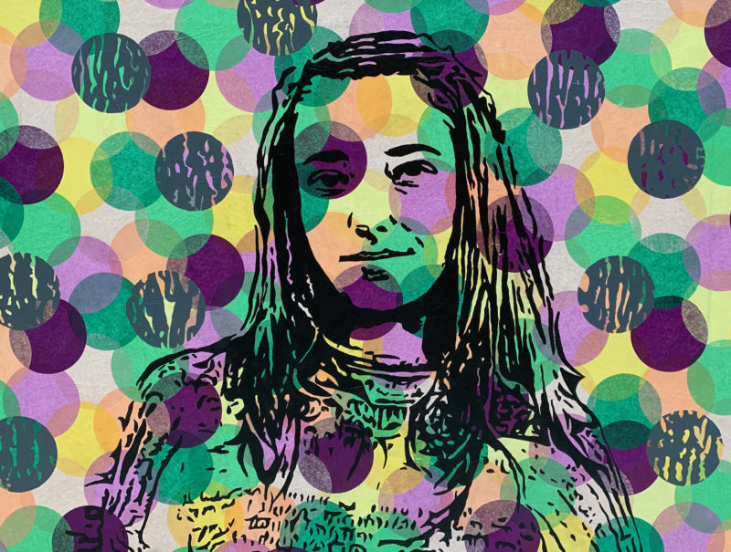 A student artwork showing a black line drawing portrait of a teenage girl covered in large colorful polka dots.