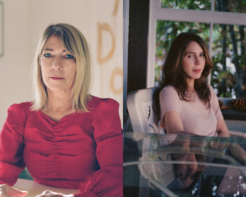The photo on the left is a woman wearing red with blonde hair sits at a table. The photo on the right is a woman with brown hair sitting at a glass patio table. A forest can be seen in the background.