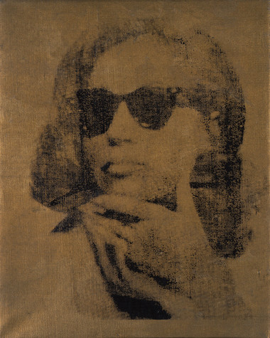 A black Silkscreen print on painted gold canvas of a women with shoulder length brown hair wearing sunglasses. She is looking out at the camera slightly pouting, while holding her chin in her left hand.