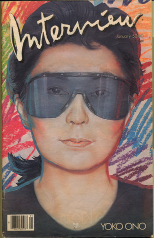 The cover of Interview magazine depicting artist and musician Yoko Ono wearing dark sunglasses. The background has red, blue, purple, and green scribbles and the word Interview is written in white at the top.