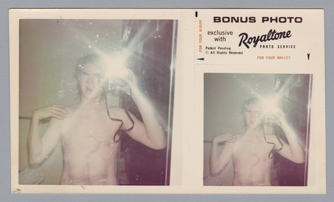 Two color photographs of Andy Warhol standing in front of a mirror. He is squinting into the viewfinder of a camera. He has his shirt off, and appears to be photographing the scars on his chest and stomach.