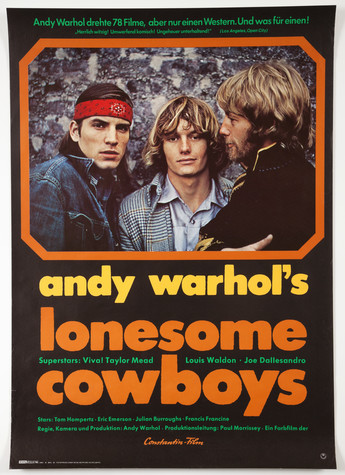 This color film poster depicts 3 men with the title: “Andy Warhol’s Lonesome Cowboys” in yellow and orange. The man on the left is wearing a red headband, the man in the middle is wearing a jean jacket and the man on the right is turned sideways facing the other two men.