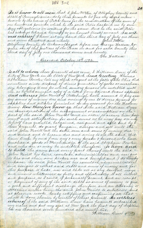 Scan of Peter Cosco’s handwritten manumission paper, dated October 10, 1792, which made him a free man. The handwriting is in cursive.
