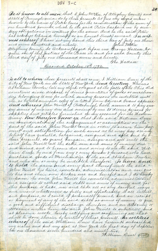 Scan of Peter Cosco’s handwritten manumission paper, dated October 10, 1792, which made him a free man. The handwriting is in cursive.
