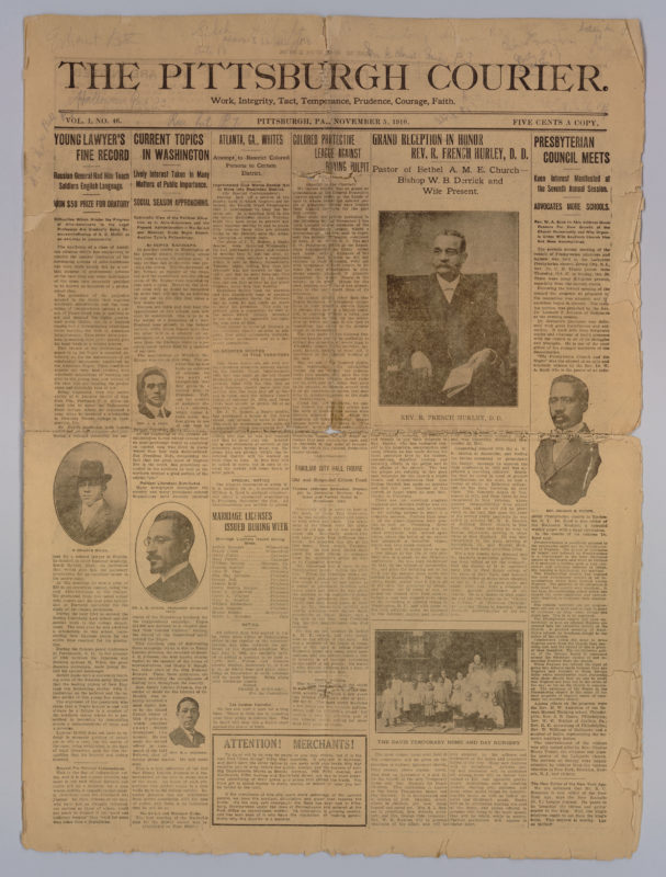 Cover page of The Pittsburgh Courier newspaper. The cover prominently features photos of African-Americans and the paper’s motto “Work, Integrity, Tact, Temperance, Prudence, Courage, Faith.”