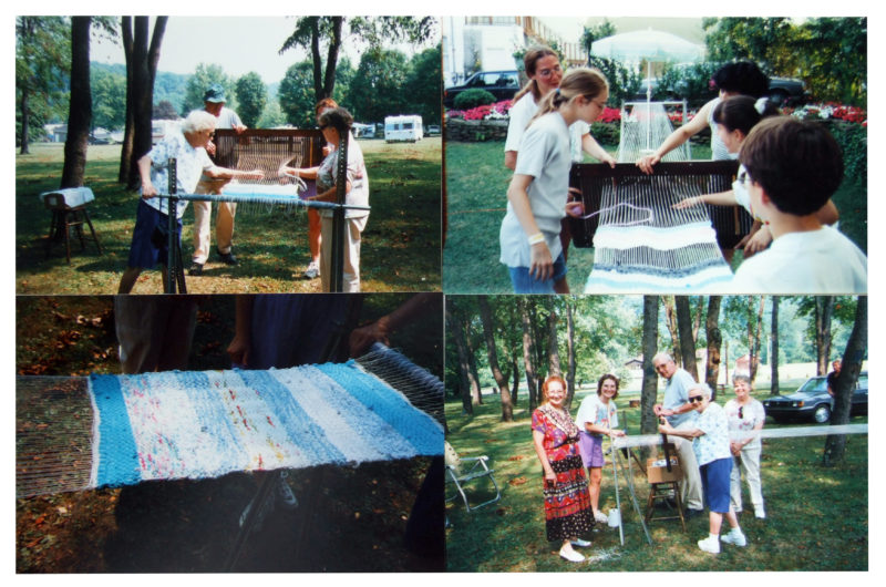 Grid of four photos of a family in various stages of rug-making.