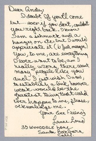 Handwritten note from Lance Loud on the back of a party invitation, expressing admiration as well as doubt that Warhol will attend and asking for acknowledgement.