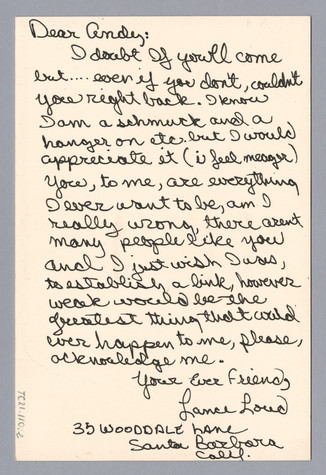Handwritten note from Lance Loud on the back of a party invitation, expressing admiration as well as doubt that Warhol will attend and asking for acknowledgement.