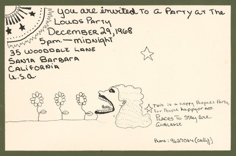 Front of a handwritten invitation to a party at Lance Loud's home with illustrations of the sun, flowers, and a woman's head.