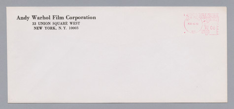 A white business envelope with the return address “Andy Warhol Films, Incorporated.”