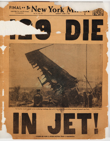 In this particular newspaper clipping from the June 4th, 1962 New York Mirror, the headline reads 129 die in jet! and includes a large image of the crash.