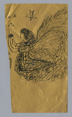An ink drawing on a metallic gold background of an angel with long curly hair in profile holding a cross aloft in front of her body.