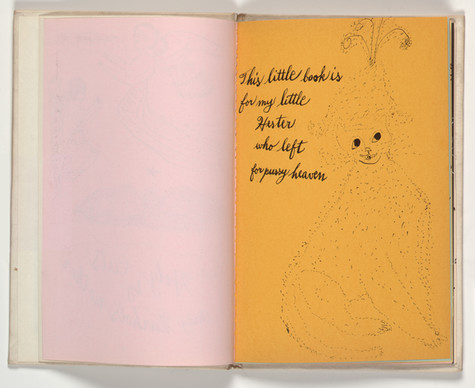 A view inside the book Holy Cats by Julia Warhola. The left hand page is a blank pink sheet, while the right hand is a golden yellow background with a drawing of a cat wearing a hat with feathers on it and the words, “This little book is for my little Hester who left for pussy heaven.”